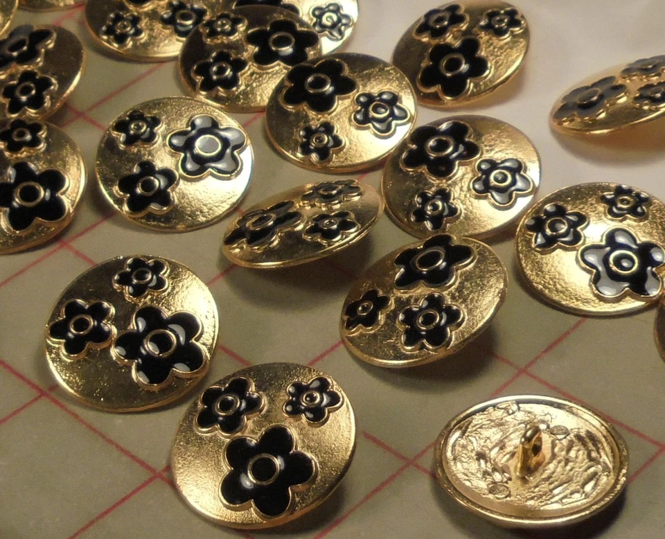 8 XLG Gold Color Italian Metal Shank Buttons 3 Black Enamel Flower Design 1-18" - Image 3 of 4