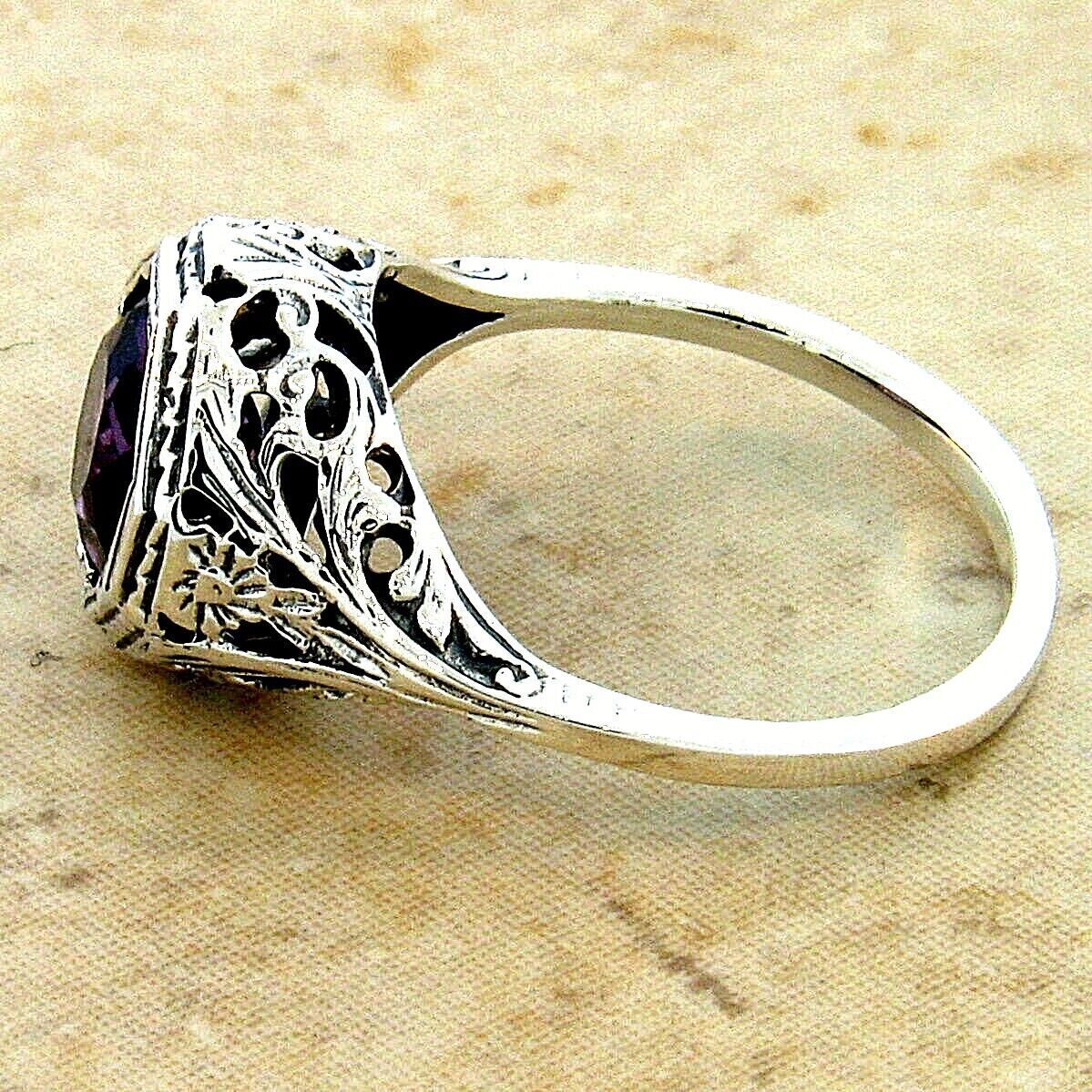 『SA RING 925 19』 DECO ANTIQUE STYLE 925 STERLING SILVER LAB AMETHYST FILIGREE RING