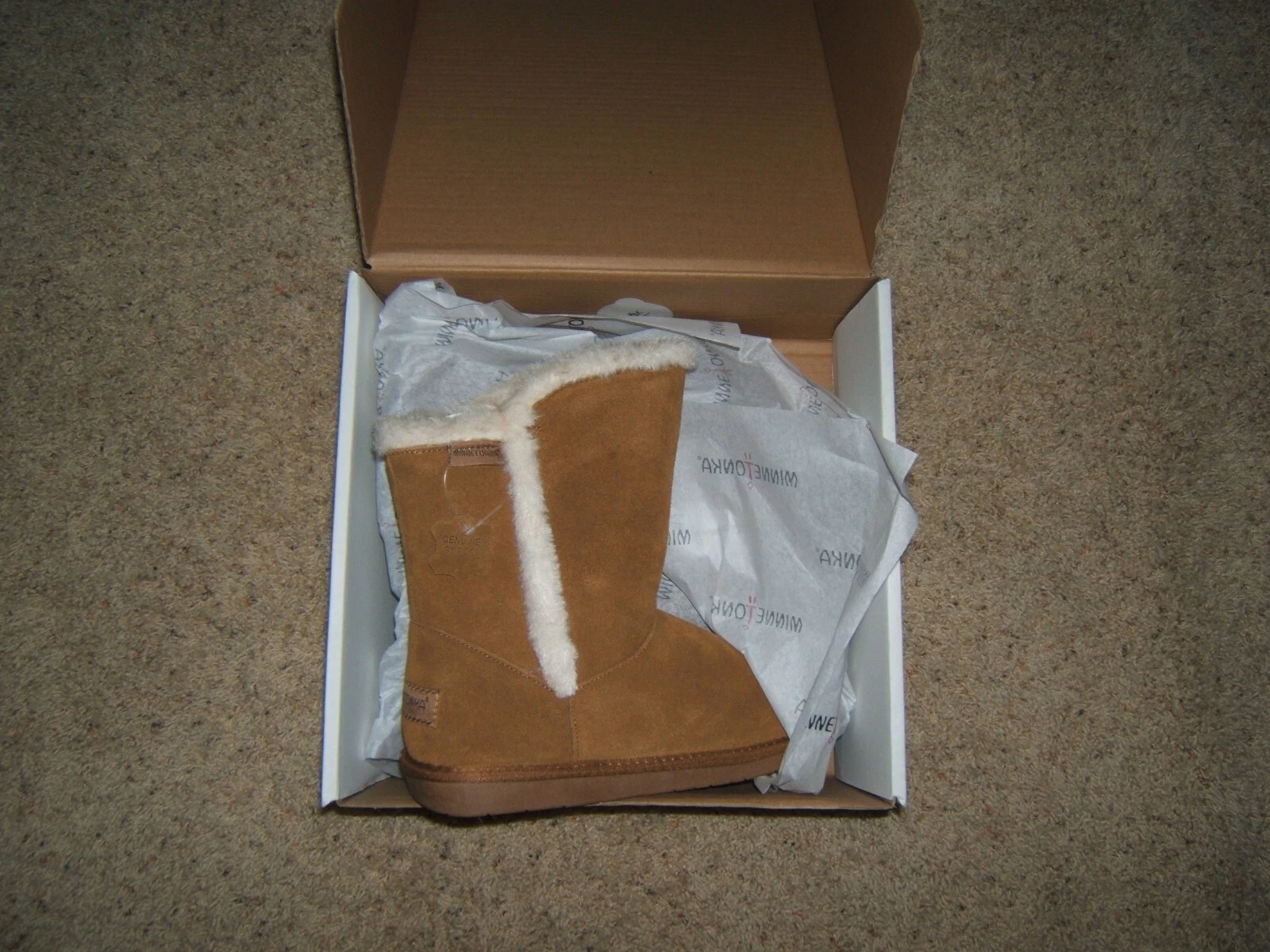 TIMBERLAND Stivali Minnetonka pelle pelliccia orlo US donna taglia 10 pelle di pecora scamosciata marrone nuovi con scatola