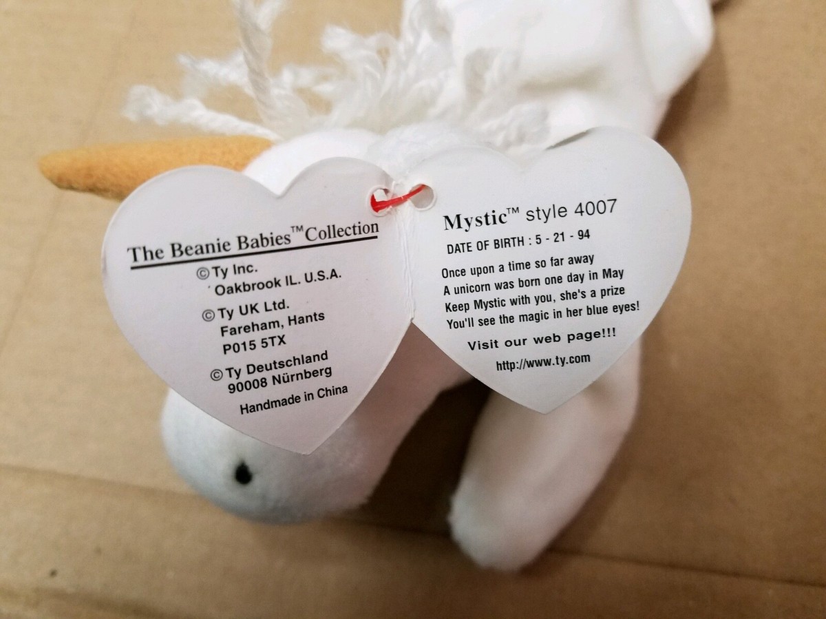 TY Beanie Baby Mystic The Unicorn Style 4007 With PVC Pellets and