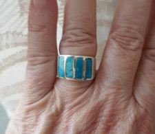 VTG Sterling Silver Wide Band w Four Vertical Inlay Turquoise Stones Size 7.75