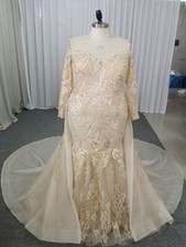 Dubai Wedding Dresses Detachable Train Long Sleeve Lace Beaded Bridal Gown Train