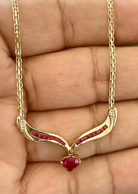 10KT Yellow Gold Lab Rubies And Diamond Necklace 16  (R74)