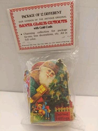 12 Antique Replica Santa Claus Die-Cut Cutouts Ornaments w Gold Cords Merrimack