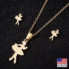Fashion Women Stainless Steel Necklace Earrings Stud Jewelry Set Dancing girl