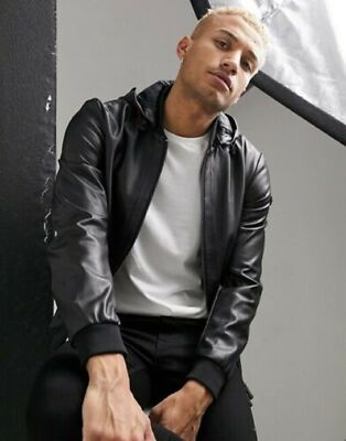 Men's Genuine Leather Hooded Bomber Jacket - Stylish & Durable Leather Outerwear