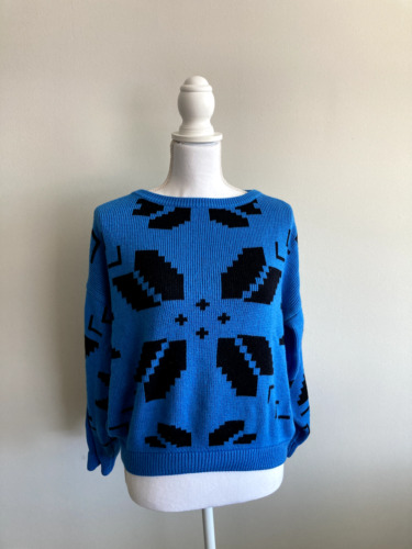 Vintage 1990s Blue Black Novelty Print Ski Sweater