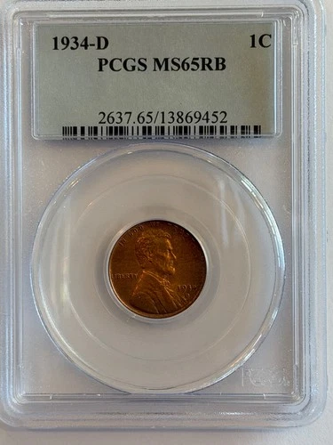 1934 D  LINCOLN WHEAT CENT - PCGS MS 65 RB - NICE COLOR
