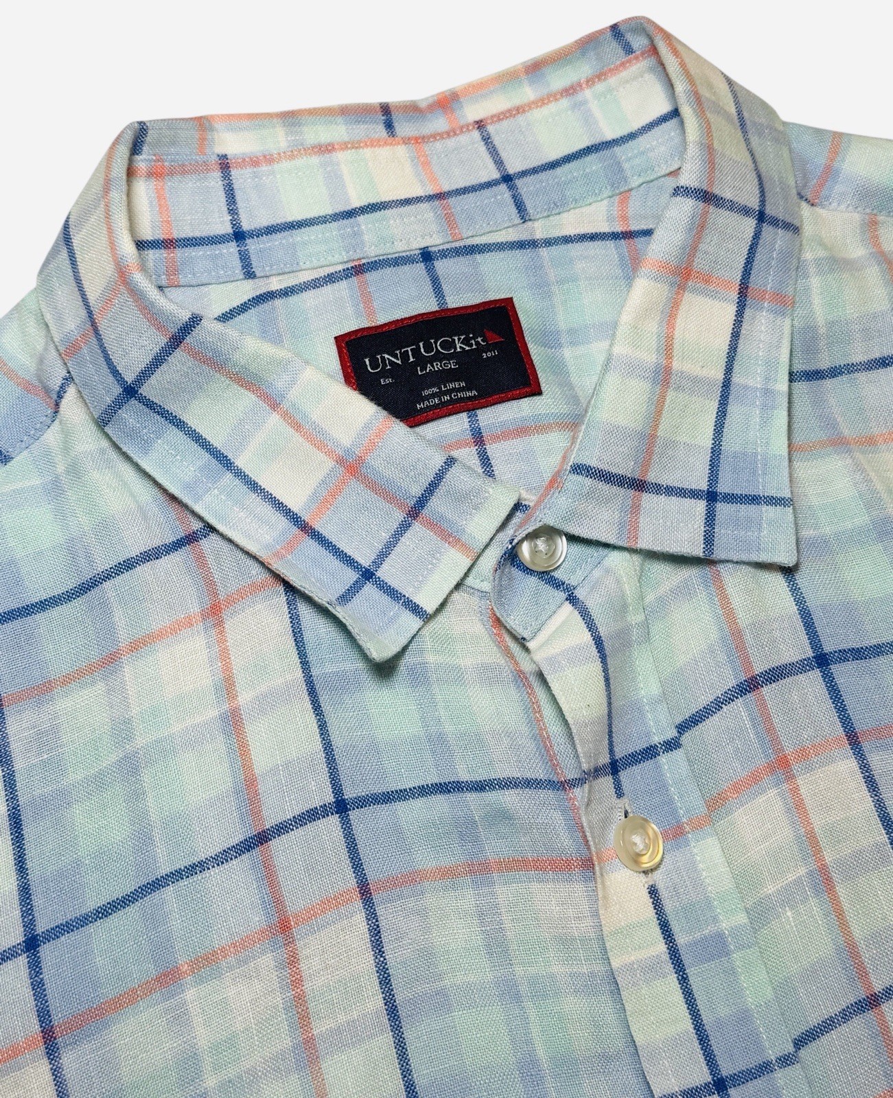 Untuckit Lewis Shirt Men’s L Blue Plaid 100% Linen Button Up Short Sleeve