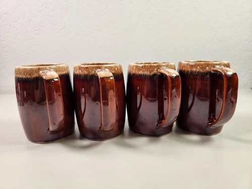 HULL OVEN PROOF BROWN DRIP GLAZE BEER STEIN COFFEE MUG 5"   18 oz. USA Set Of 4