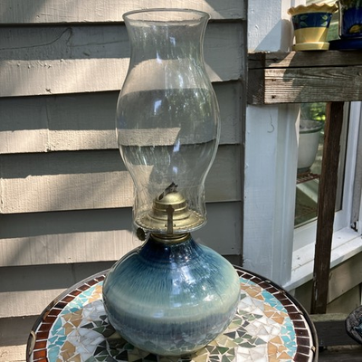 #ad Vintage Bill Campbell Studio Art Pottery Hurricane Oil Lamp w Blue Base Signed $115.00