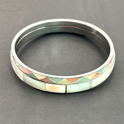 Vintage Bangle Bracelet Pair Mother of Pearl Shell Inlay Pastel Mosaic Boho 7.75