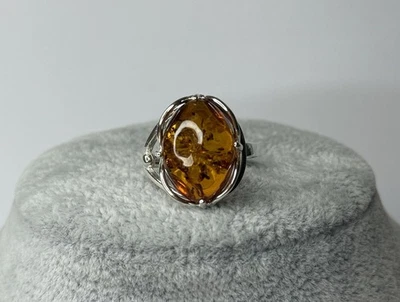Genuine Baltic Amber Stone Ring with Sterling Silver.Natural COGNAC Amber Ring. - Image 1 of 4