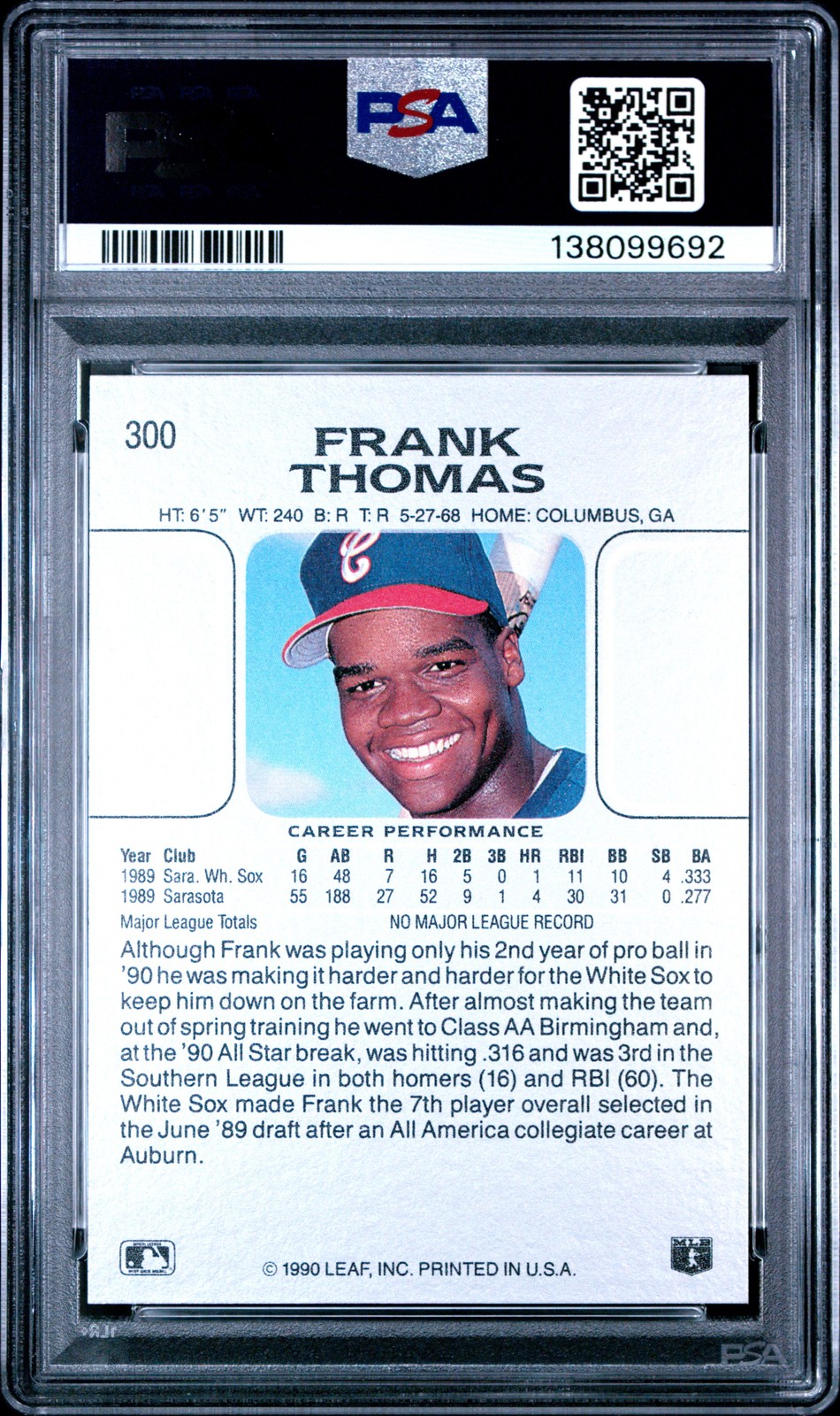 1990 LEAF #300 FRANK THOMAS ROOKIE RC PSA 10 view 2
