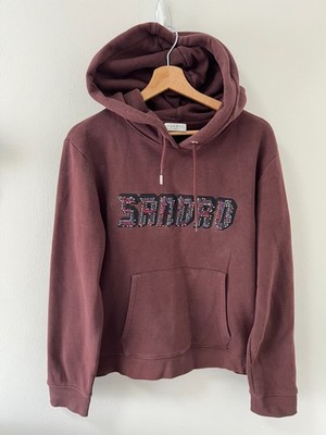 Sandro Paris Womens L Burgundy Tweed Studded Logo Fleece Lined Hoodie