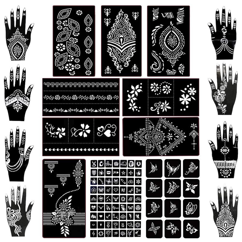 18 Sheets 97PCS Henna Tattoo Stencil Kit, Halloween Temporary Tattoo Kit Glitter