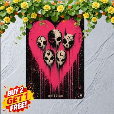 Dripping Pink Paint Gothic Skull Heart Centerpiece Sign Metal Tin Plaque 8x12
