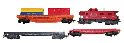 Lot of 4 HO Gauge Freight Cars Container Dozer Load NYC Caboose RTR Mantua
