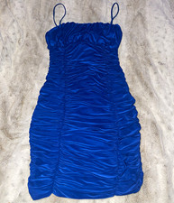 Femme Luxe Blue Ruched Bodycon Mini Dress Satin Party Dress Size S (8-10)