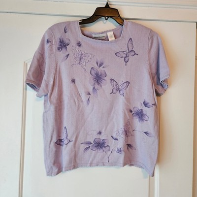 Vtg Alfred Dunner Short Sleeve Sweater Shirt Women's XL Purple Butterfly Cottage