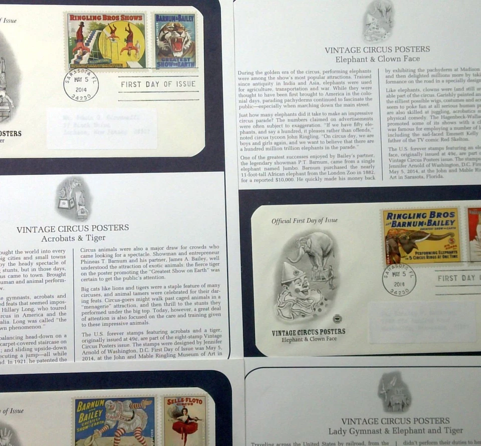2014 Vintage Circus Posters Sc 4898-4905 FDCs PCS acrobats elephants trapeze - Image 2 of 4