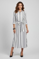 NWT Philosophy Navy White Vertical Striped Midi Shirt Dress, Belted, Size 6