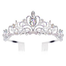 Aurora Borealis Crystal Silver Tiara Headband Bridal Rhinestone Crown with Combs