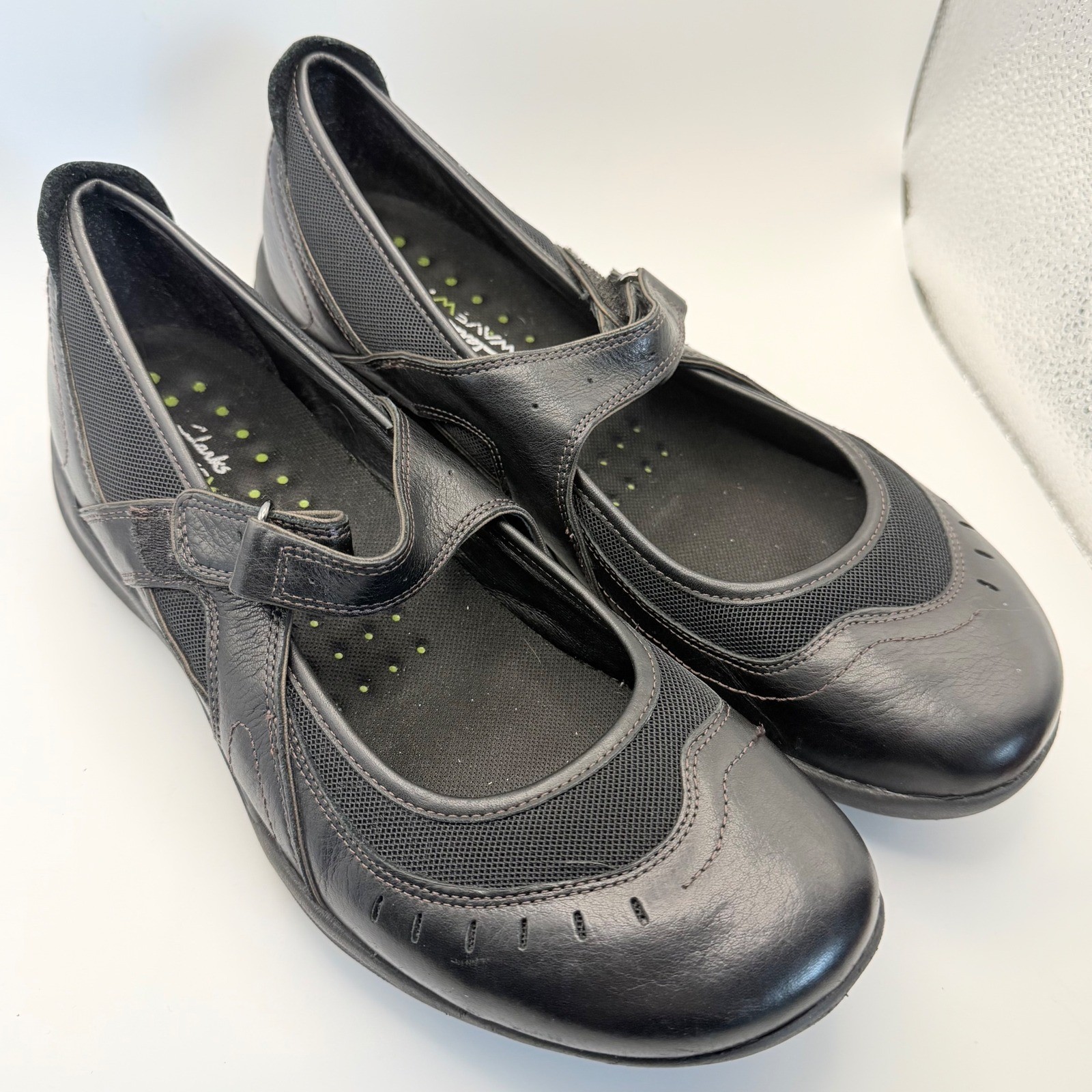 Women's Clarks Wave Walk Black Leather Mary Jane Slip On Shoe Comfort SZ 11