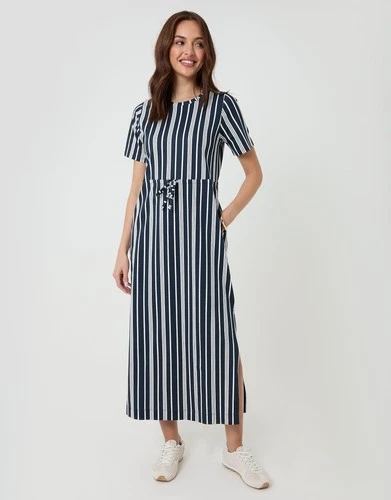 Threadbare Womens Navy Stripe Cotton Split Midi Short sleeved Striped Dress