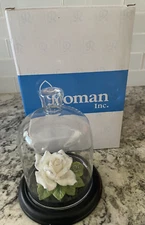 25th Anniversary Porcelain White Rose In Glass Dome Roman Inc