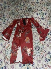 Red Floral Bardot Bell Sleeve Midi Dress, Size 8 Fitted Dress, Bell Sleeved