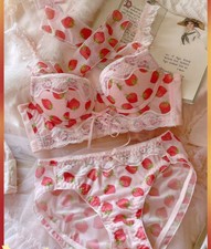 Women sweet princess strawberry underwear Bra Panties Japanese ribbon bra set