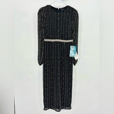 Mac Duggal | NWT 4 Long Puff Sleeve Black Beaded MIDI Cocktail Dress 93622