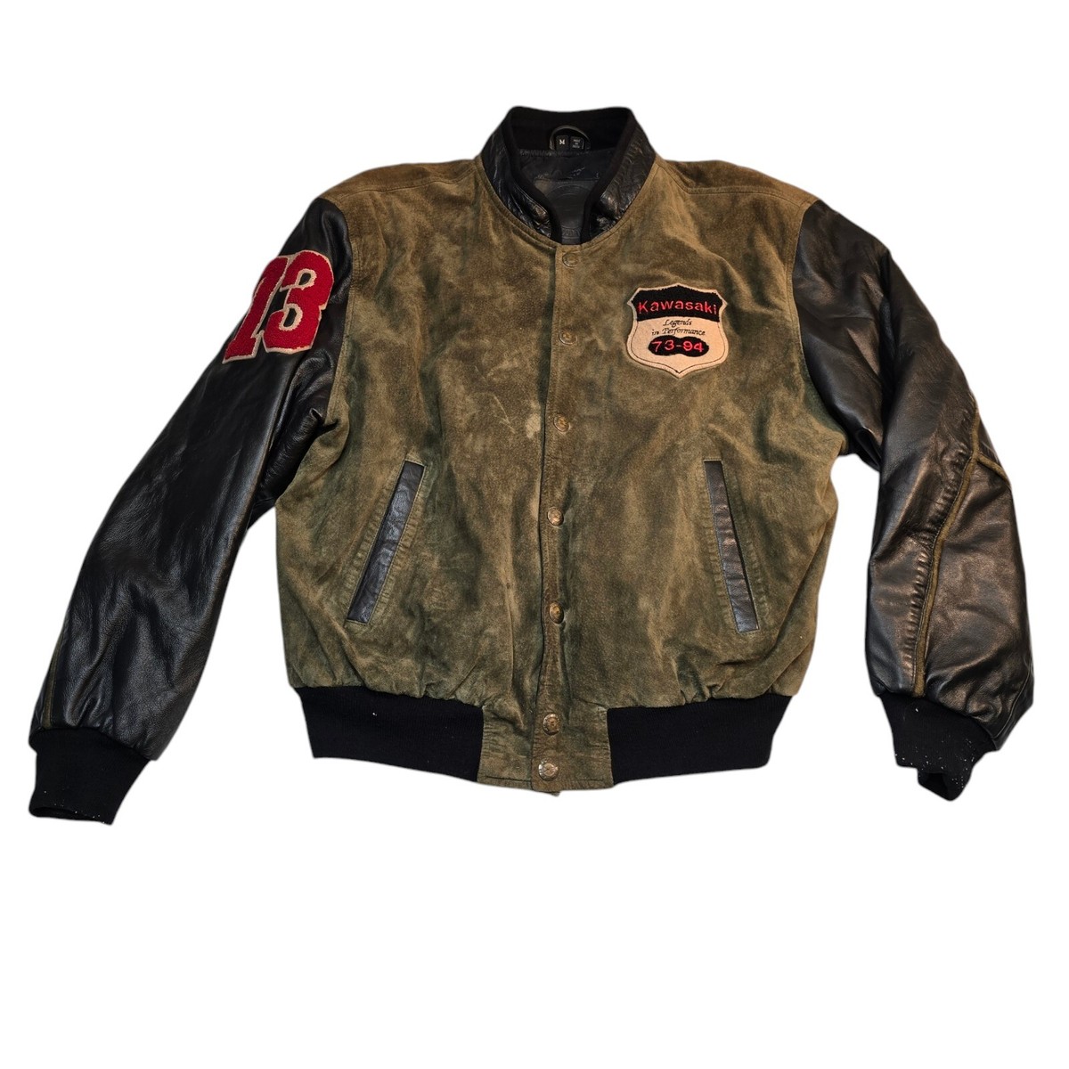 Vtg 90s Kawasaki Motorcycles Jacket Wool Leather Patches Mens M | eBay