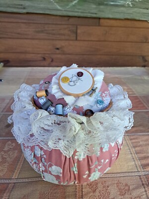 Handmade Sewing Basket Vintage Pink Floral Lace Border