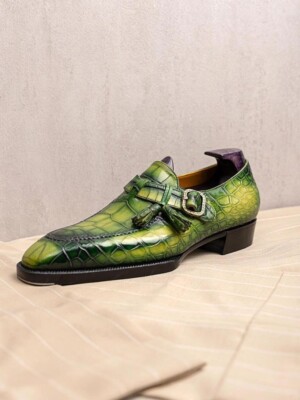 Handmade Men Green Crocodile Print Leather  Business Shoes, pure Leather Shoes