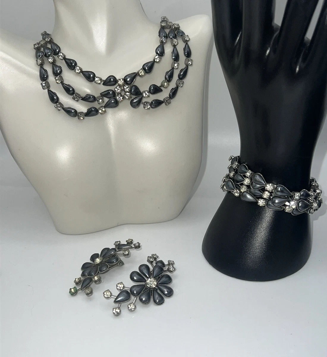 Vintage LERU Rhinestone Gray Faux Collar Necklace Bracelet