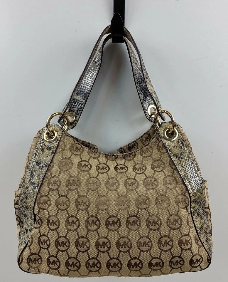 Michael Kors Signature Python Trim Drawstring Shoulder Handbag Purse - Image 3 of 4