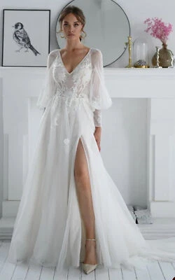 Brautkleid Hochzeitskleid V-Ausschnitt Langarm Spitze Aufkleber 36 38 40 42 44 - Bild 1 von 4