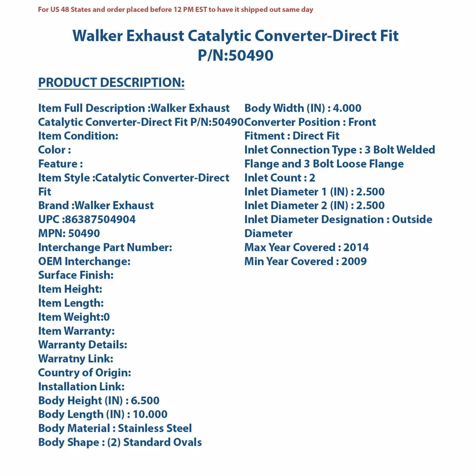 Convertidor catalítico de escape Walker - ajuste directo 50490 Foto 4 de 4