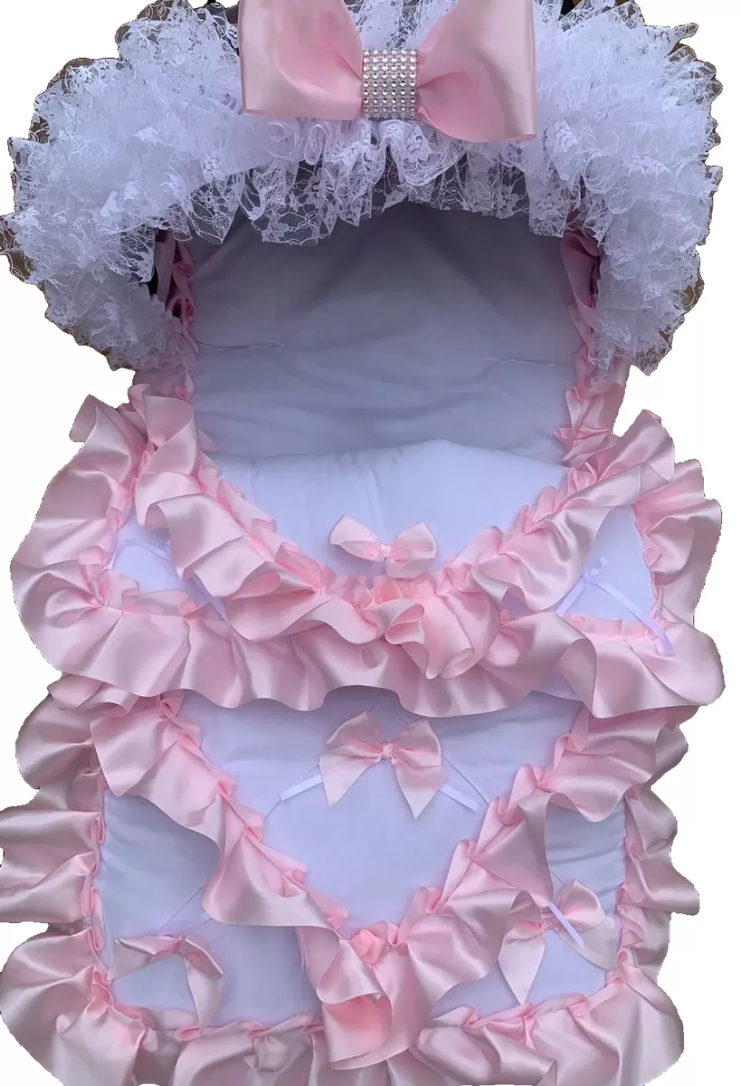 ROMANY PRAM PUSHCHAIR WHITE COSYTOES FOOT MUFF HOOD FRILL TRIM PINK RIBBON