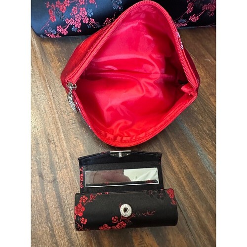 Yans NY Asian Floral Purse Bamboo Handle Evening Satchel Bag Red Black - Picture 6 of 15