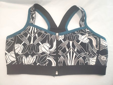 Rainbeau Curves  Women's Sz 14-16 Racerback Sports Bra Zip-Front Black Teal Trim