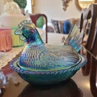 Vintage Indiana Glass Blue Iridescent Carnival Hen on Nest Covered Bowl 7"