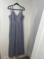Nightway Blue Silver Striped Metallic Long Gown Dress V-Neck Sleeveless 8P