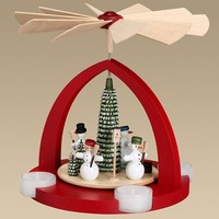 Teelichtpyramide Mit SchneemäNner, Rubinrot HöHe 23 Cm Neu Weihnachtspyramide