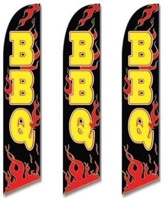 Three (3) Pack Full Sleeve Swooper Flags BBQ Black w Yellow Text & Red Flames...