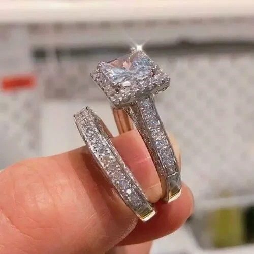 2.75 Ct Princess Cut Moissanite Bridal Engagement Ring Set 14K White Gold Plated - Picture 2 of 8