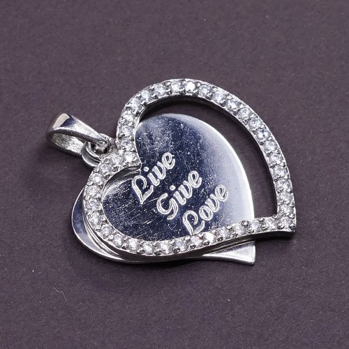 Sterling silver heart pendant, 925 engraved “love give love” Crystal