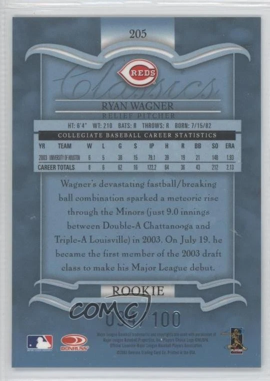2003 Donruss Classics Significant Signatures /100 Ryan Wagner Rookie Auto RC - Image 2 of 2